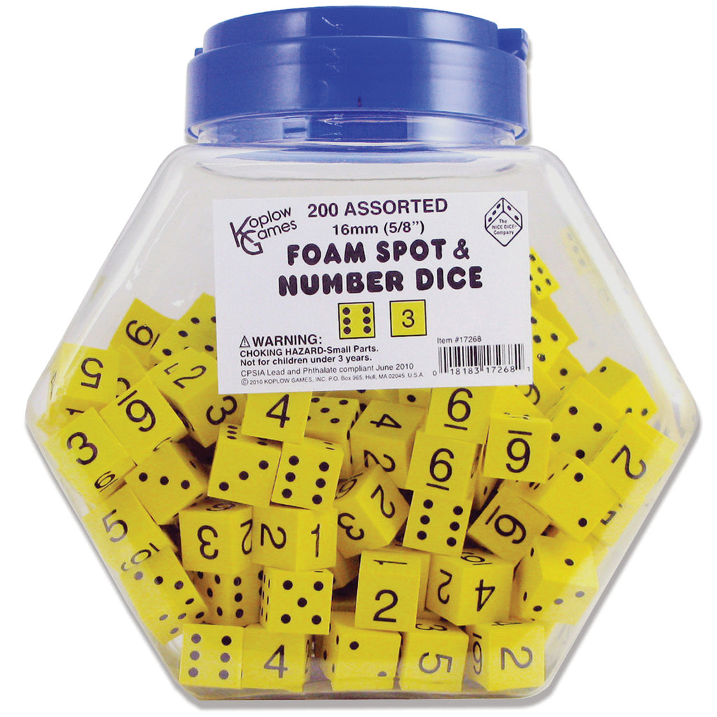 16mm Foam Dice Tub Of 200 Yellow Spot & Number