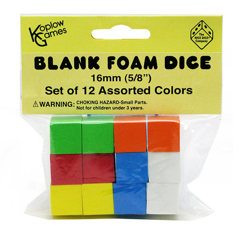(6 Pk) 16mm Foam Dice 12pk Assorted Color Blank