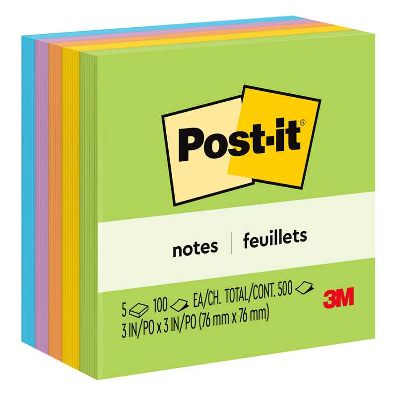 Post-it Notes in Ultra Colors, 3" x 3", 1 pad each color spruce green, grape, yellow, fuchsia, orange