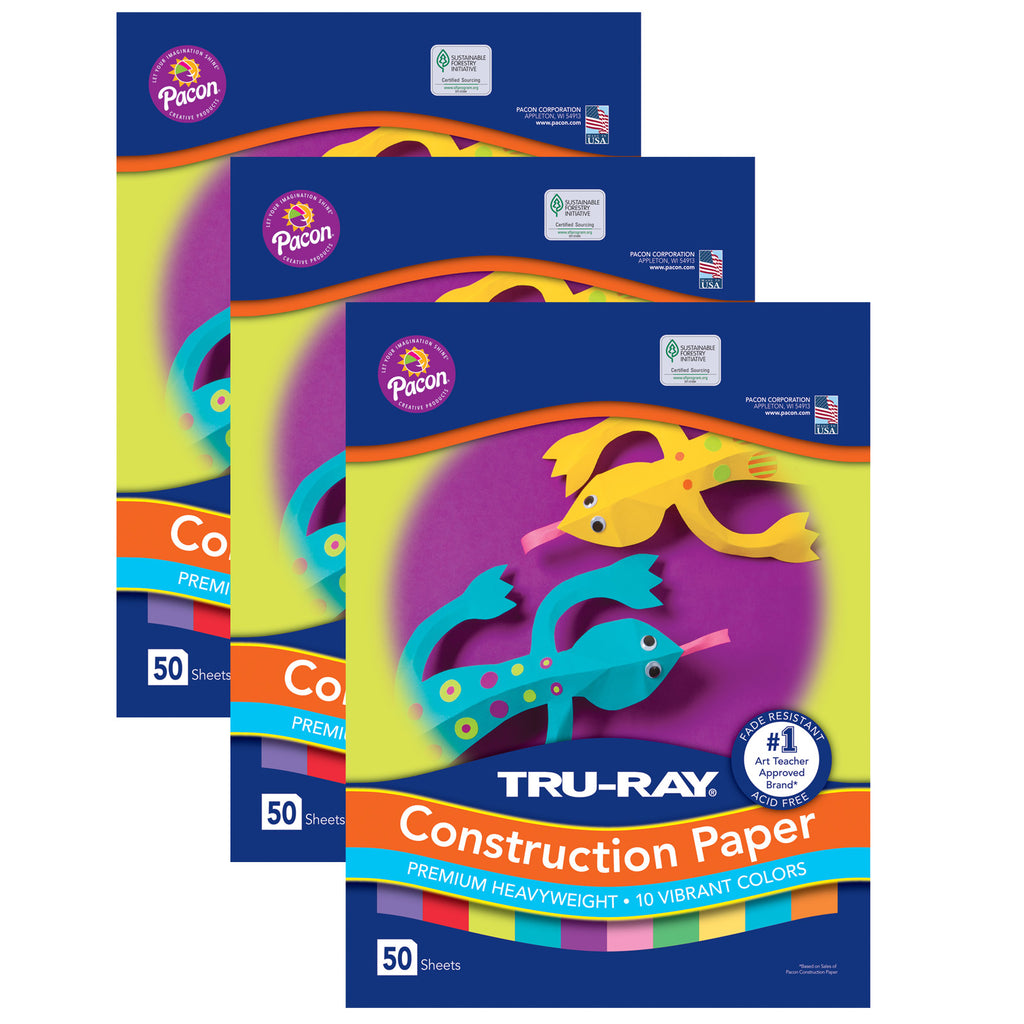 (3 Pk) Constructn Paper 10 Vibrant Colrs 50 Sheets