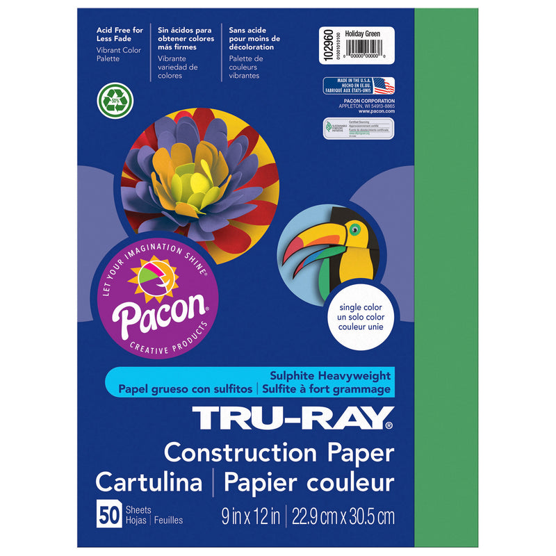 (5 Pk) Tru Ray 9x12 Holiday Green Construction Paper 50sht Per Pk