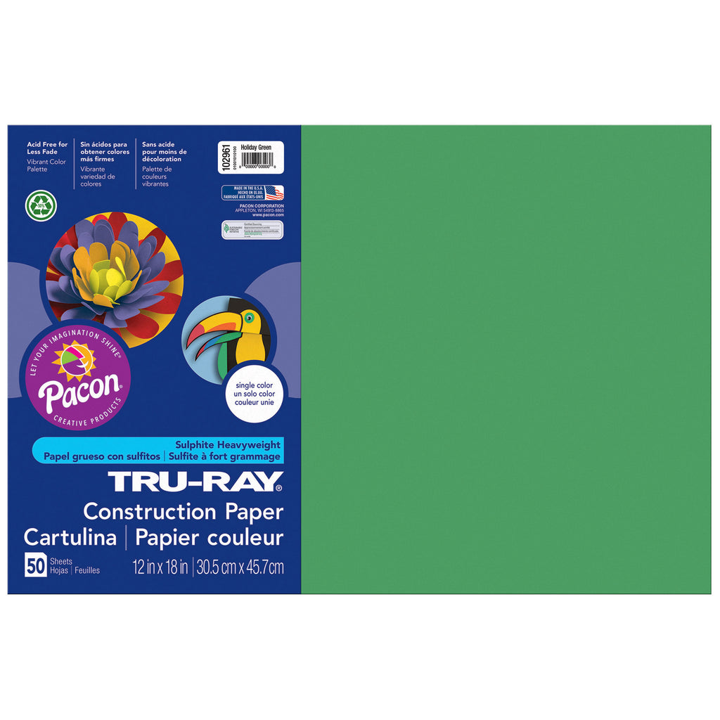 (5 Pk) Tru Ray 12x18 Holiday Green Construction Paper 50sht Per Pk