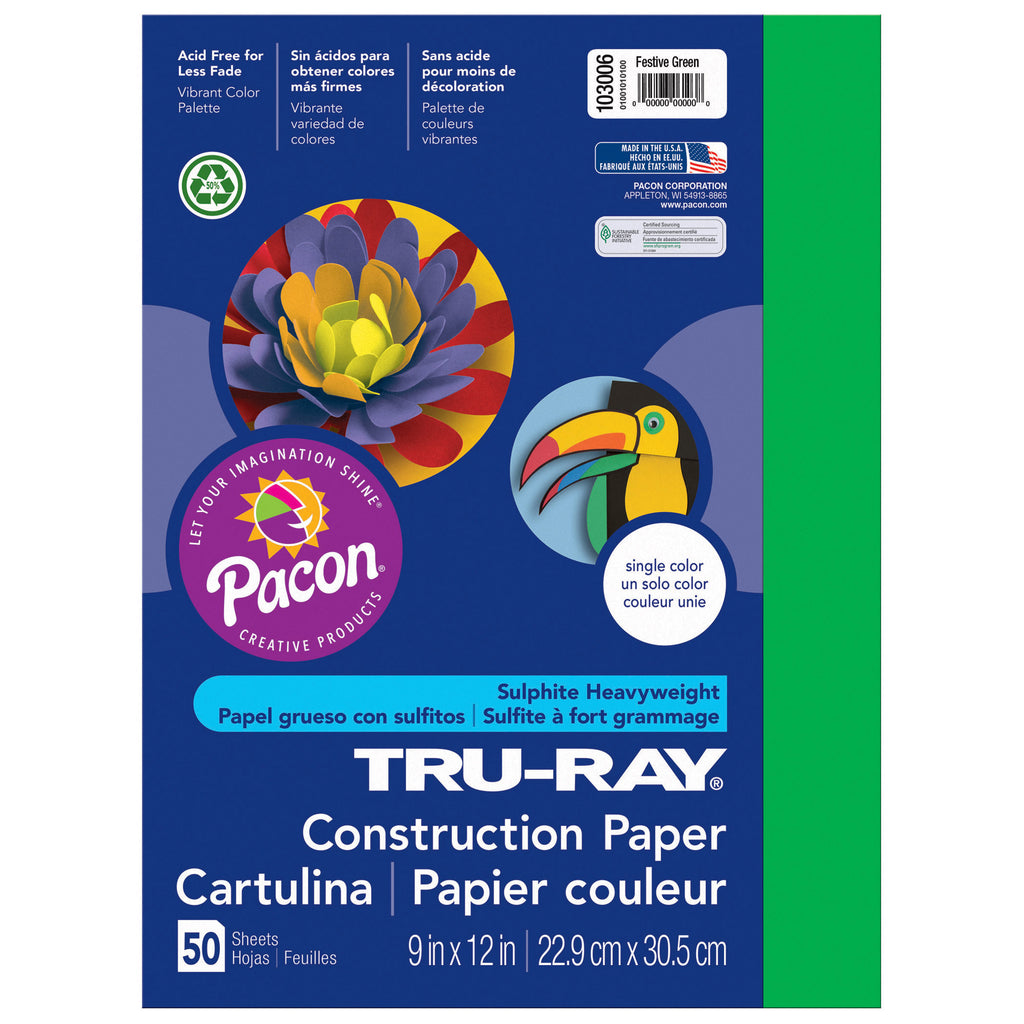 (5 Pk) Tru Ray 9x12 Festive Green Construction Paper 50sht Per Pk