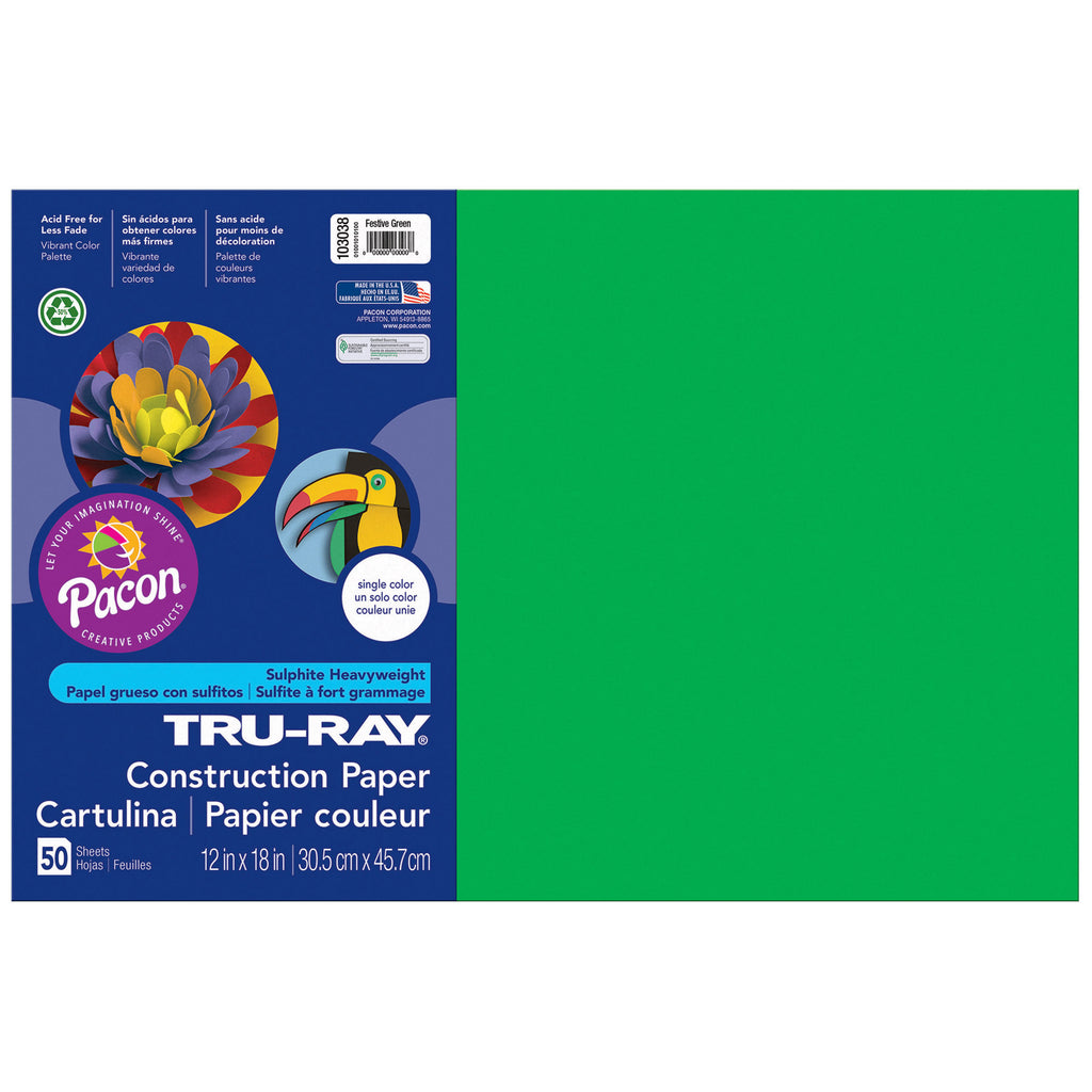 (5 Pk) Tru Ray 12x18 Festive Green Construction Paper 50sht Per Pk