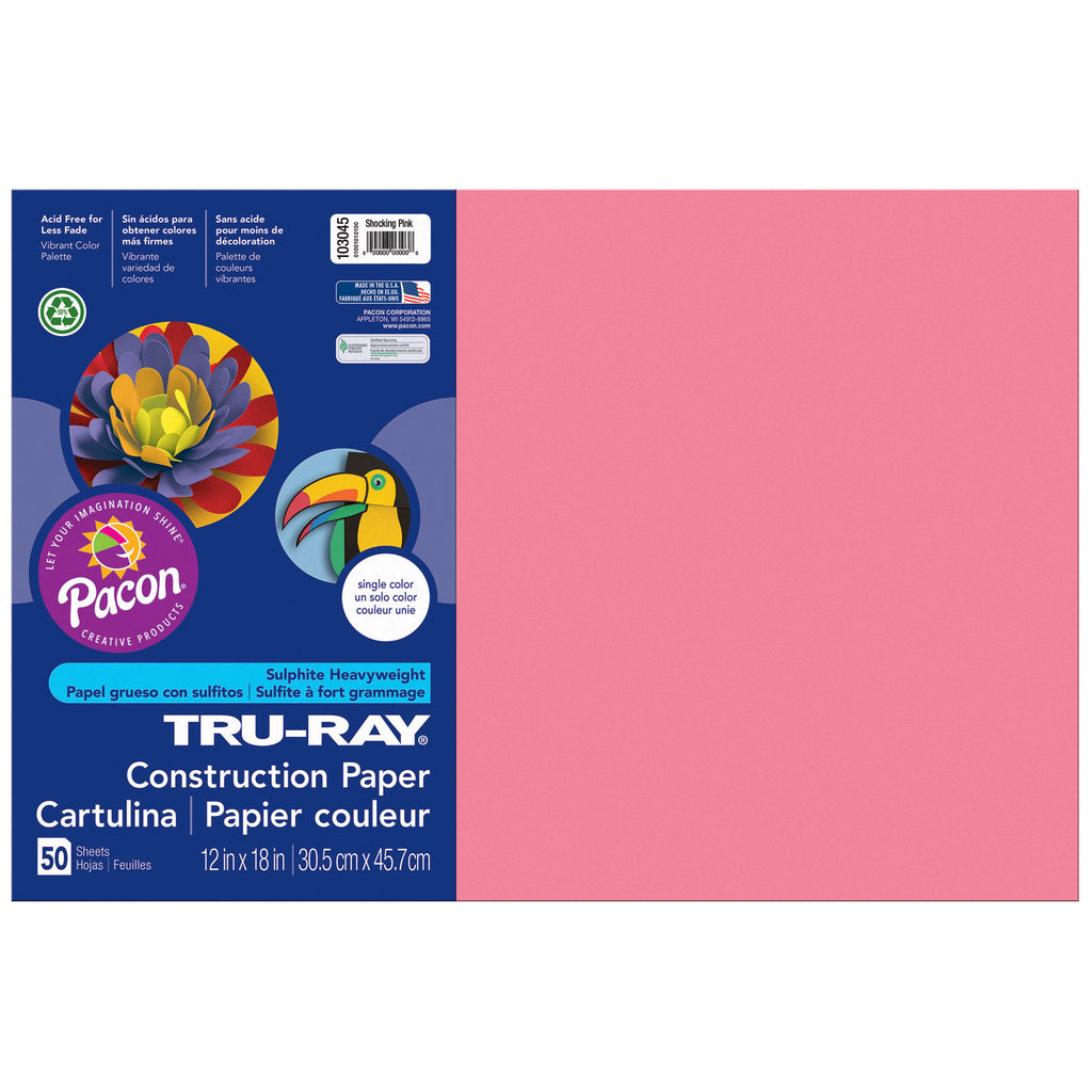 (5 Pk) Tru Ray 12x18 Shocking Pink Construction Paper 50sht Per Pk