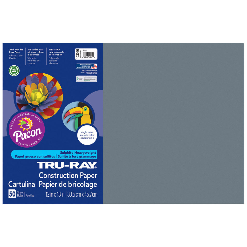 (5 Pk) Tru Ray 12x18 Slate Construction Paper 50sht Per Pk