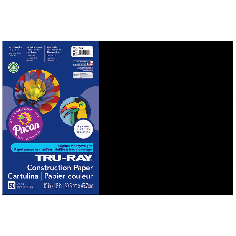 (5 Pk) Tru Ray 12x18 Black Construction Paper 50sht Per Pk