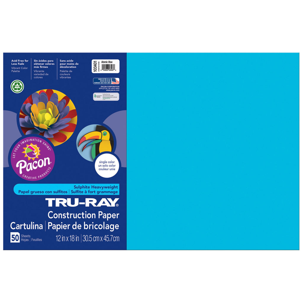 (3 Pk) Tru Ray Atomic Blue 12x18 Fade Resistant Construction Paper