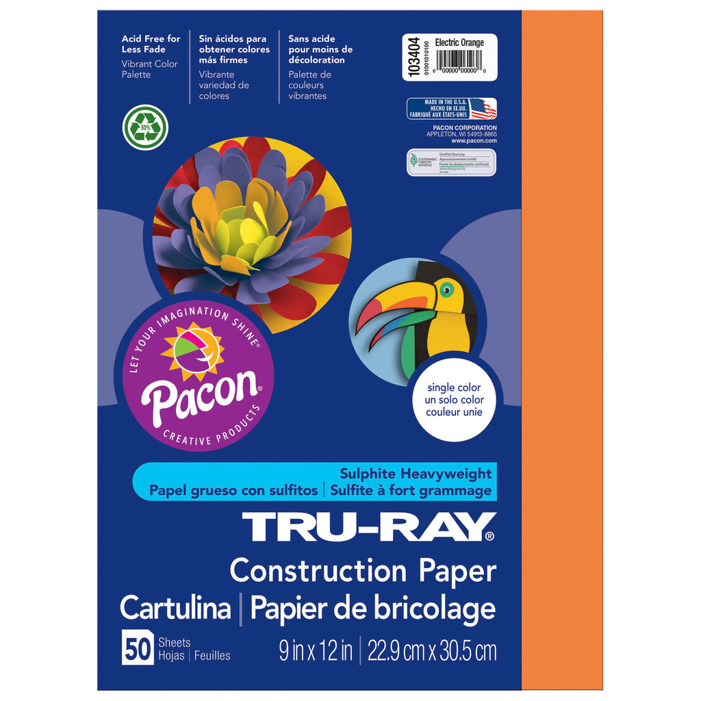 (5 Pk) Tru Ray Electric Orange 9x12 Fade Resistant Construction Paper