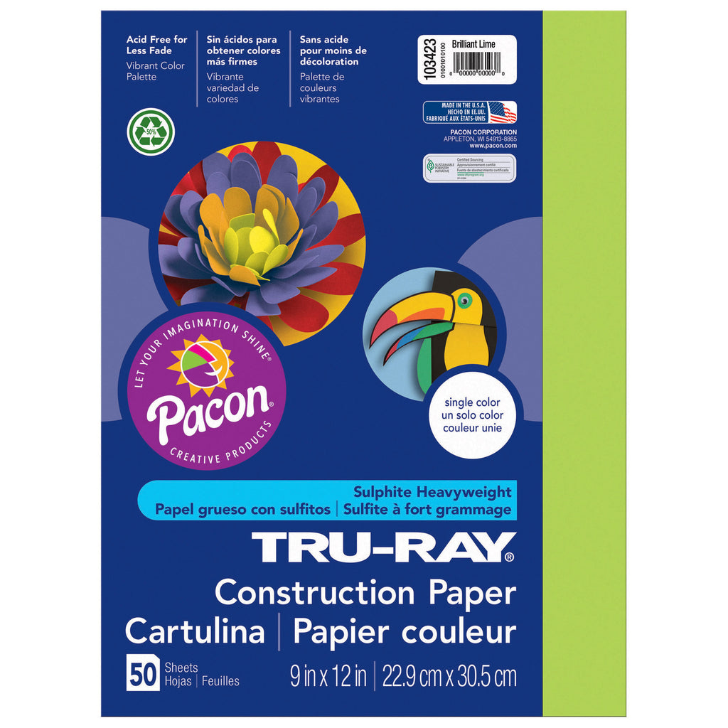 (5 Pk) Tru Ray 9x12 Brilliant Lime Construction Paper 50sht Per Pk