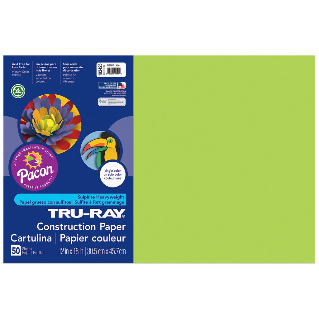 (5 Pk) Tru Ray 12x18 Brilliant Lime Construction Paper 50sht Per Pk