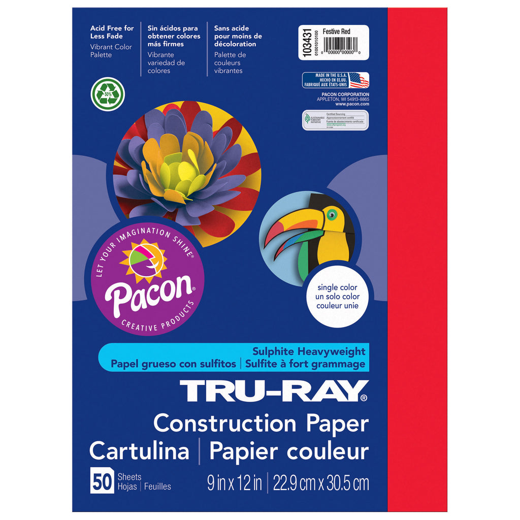 (5 Pk) Tru Ray 9x12 Festive Red Construction Paper 50sht Per Pk