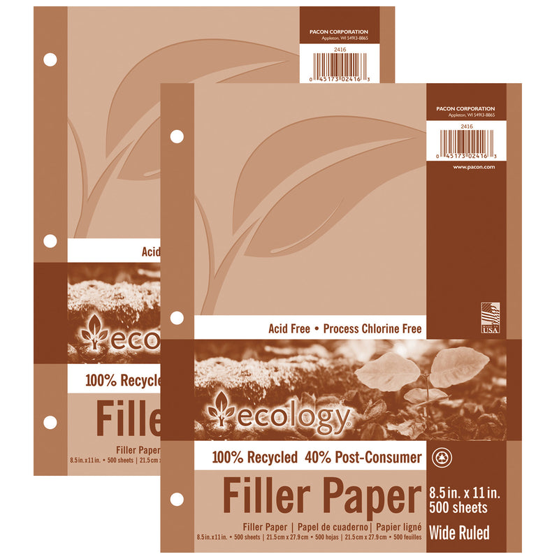 (2 Pk) Recycled Filler Paper Wht 500 Shts 3-8in Ruled