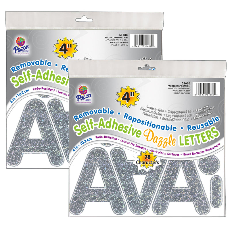 (2 Pk) Letters Silvr Dazzle Puffy Font 4in Self Adhesive
