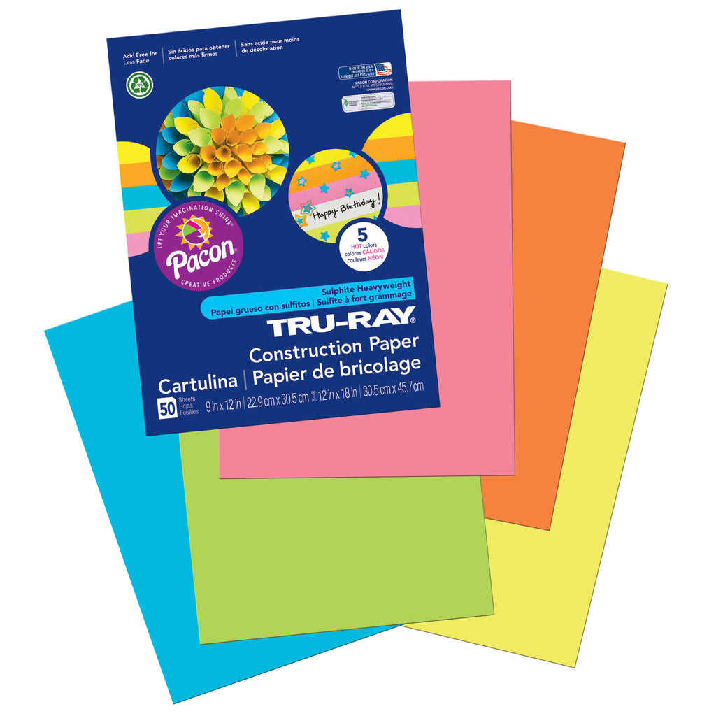 (5 Pk) Tru Ray Hot Asst 9x12 Fade Resistant Construction Paper