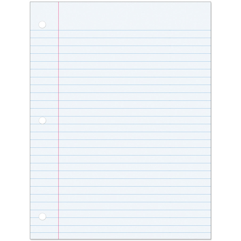 Filler Paper, White, 3-Hole Punched, Red Margin, 3-8" Ruled, 8" x 10.5", 200 Sheets