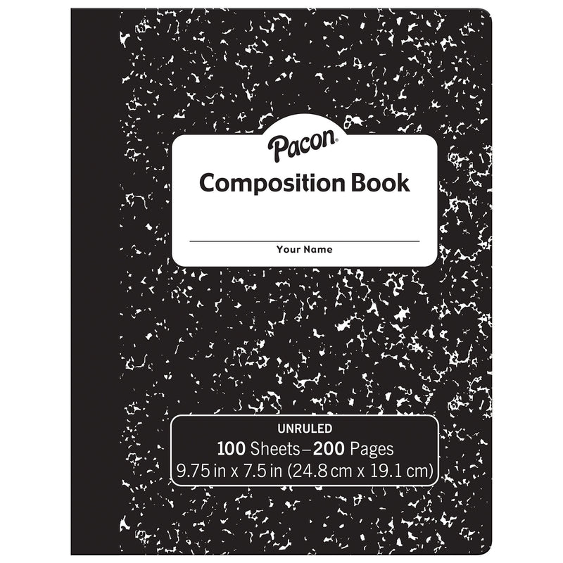 Composition Book, Black Marble, Unruled 9-3-4" x 7-1-2", 100 Sheets, Pack of 6