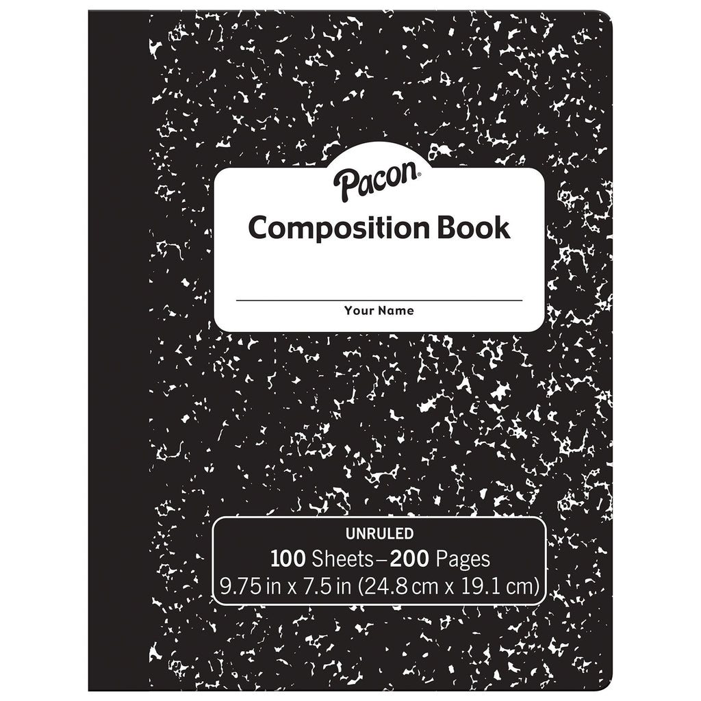Composition Book, Black Marble, Unruled 9-3-4" x 7-1-2", 100 Sheets