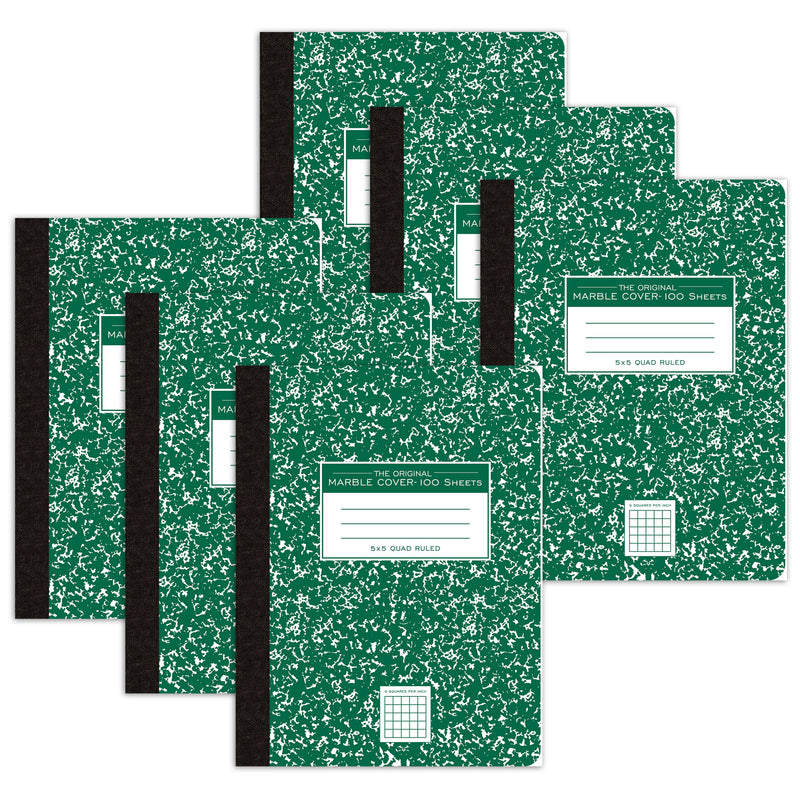 Composition Book, 5x5 Graph, 100 Sheets, 9.75" x 7.5", Green Marble, Pack of 6