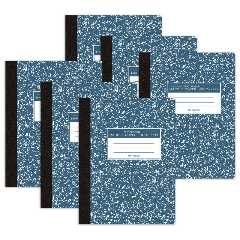 Composition Book, Unruled, 100 Sheets, 9.75" x 7.5", Blue Marble, Pack of 6