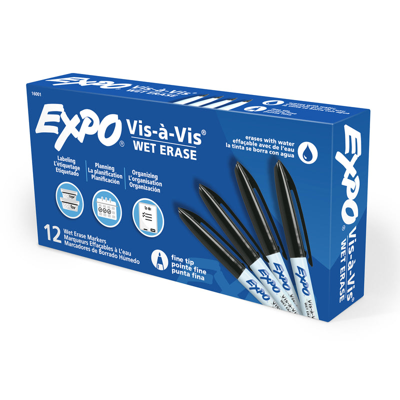 Box Of 12 Black Vis A Vis Fine Wet Erase Permanent Markers