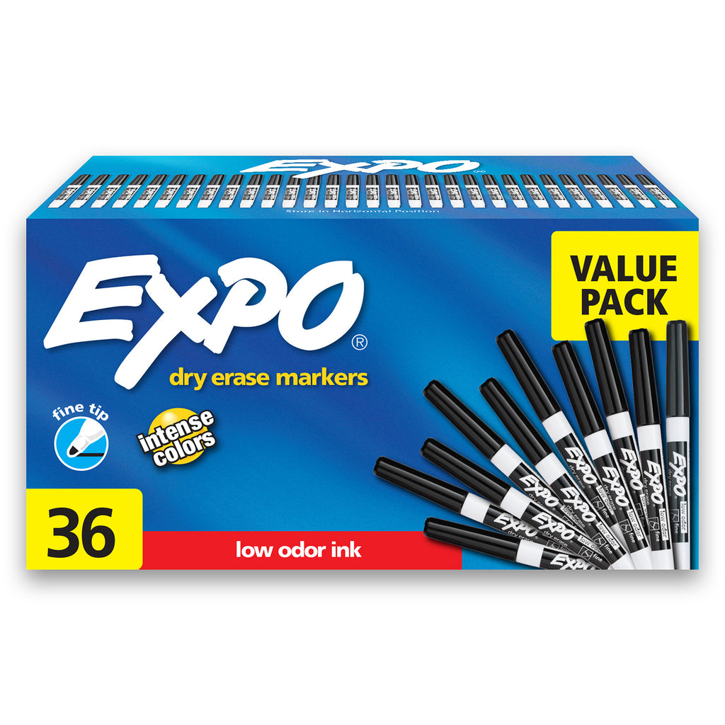 Low Odor Dry Erase Markers, Fine Tip, Black, 36 Count