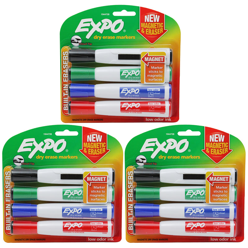 Magnetic Dry Erase Markers with Eraser, Chisel Tip, Assorted, 4 Per Pack, 3 Packs