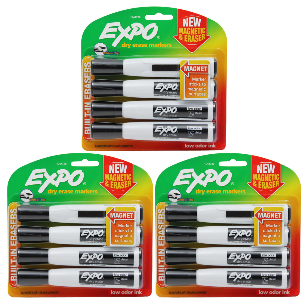 Magnetic Dry Erase Markers with Eraser, Chisel Tip, Black, 4 Per Pack, 3 Packs