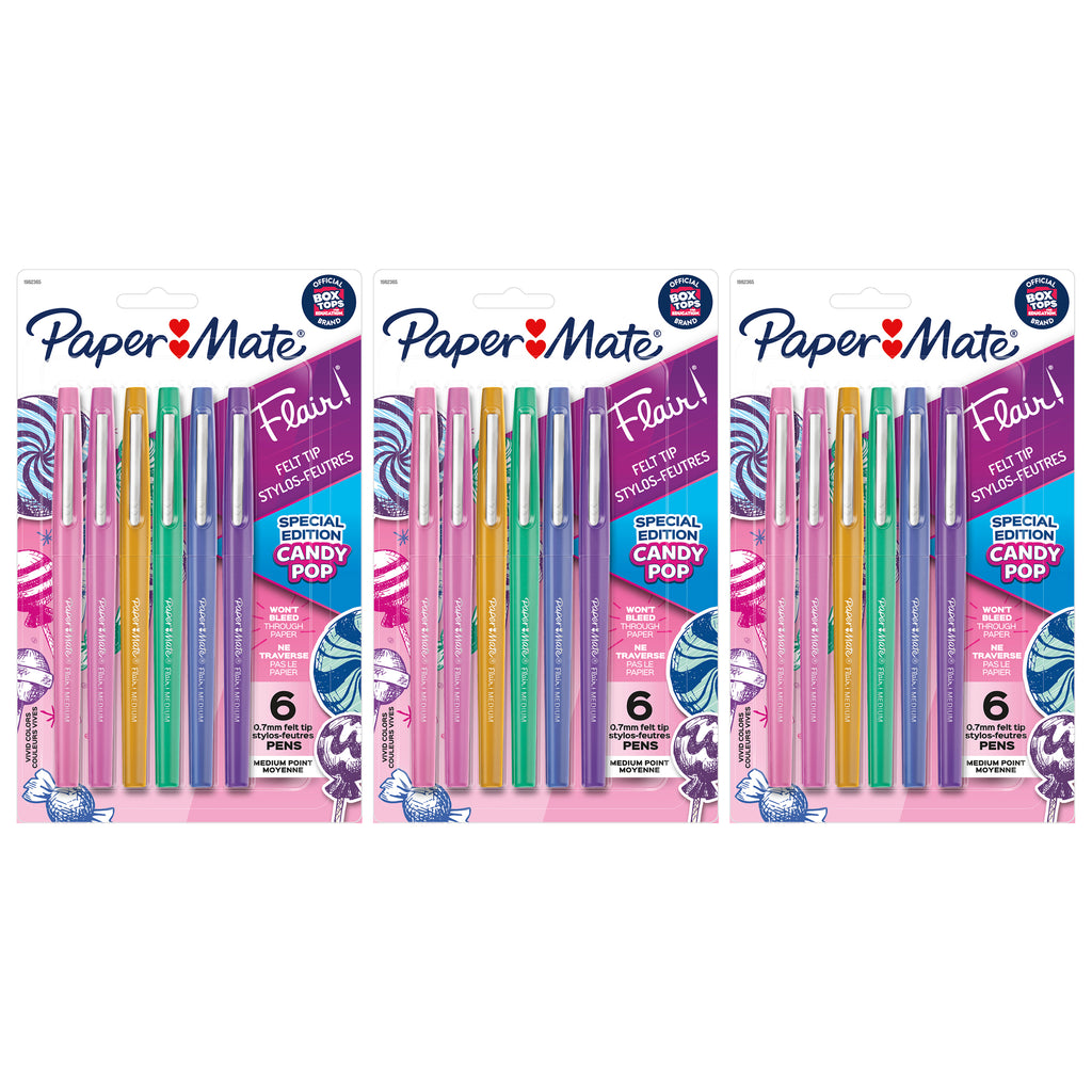 Flair Felt Tip Pens, Medium Point (0.7mm), Candy Pop Pack, 6 Per Pack, 3 Packs