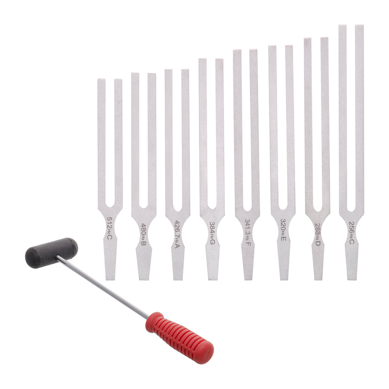 Tuning Forks With Hammer, Aluminum, Set of 8