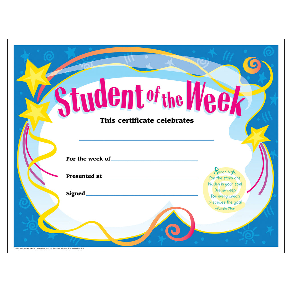 (6 Pk) Certificate Student Of The 30 Per Pk Week 8.5x11