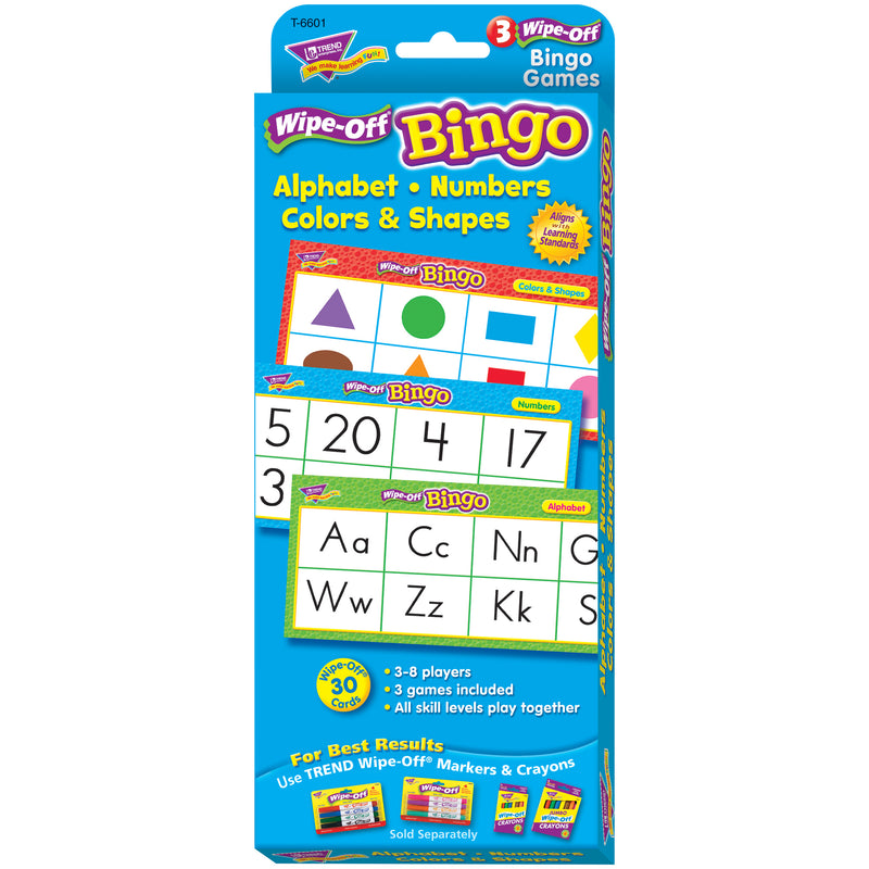 (3 Ea) Alphabet Numbers Colors & Shapes Wipe Off Bingo