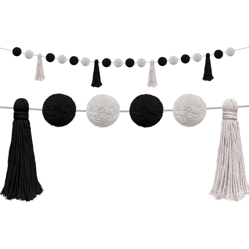 (3 Ea) Blk & Wht Pom-poms & Tassel Garland