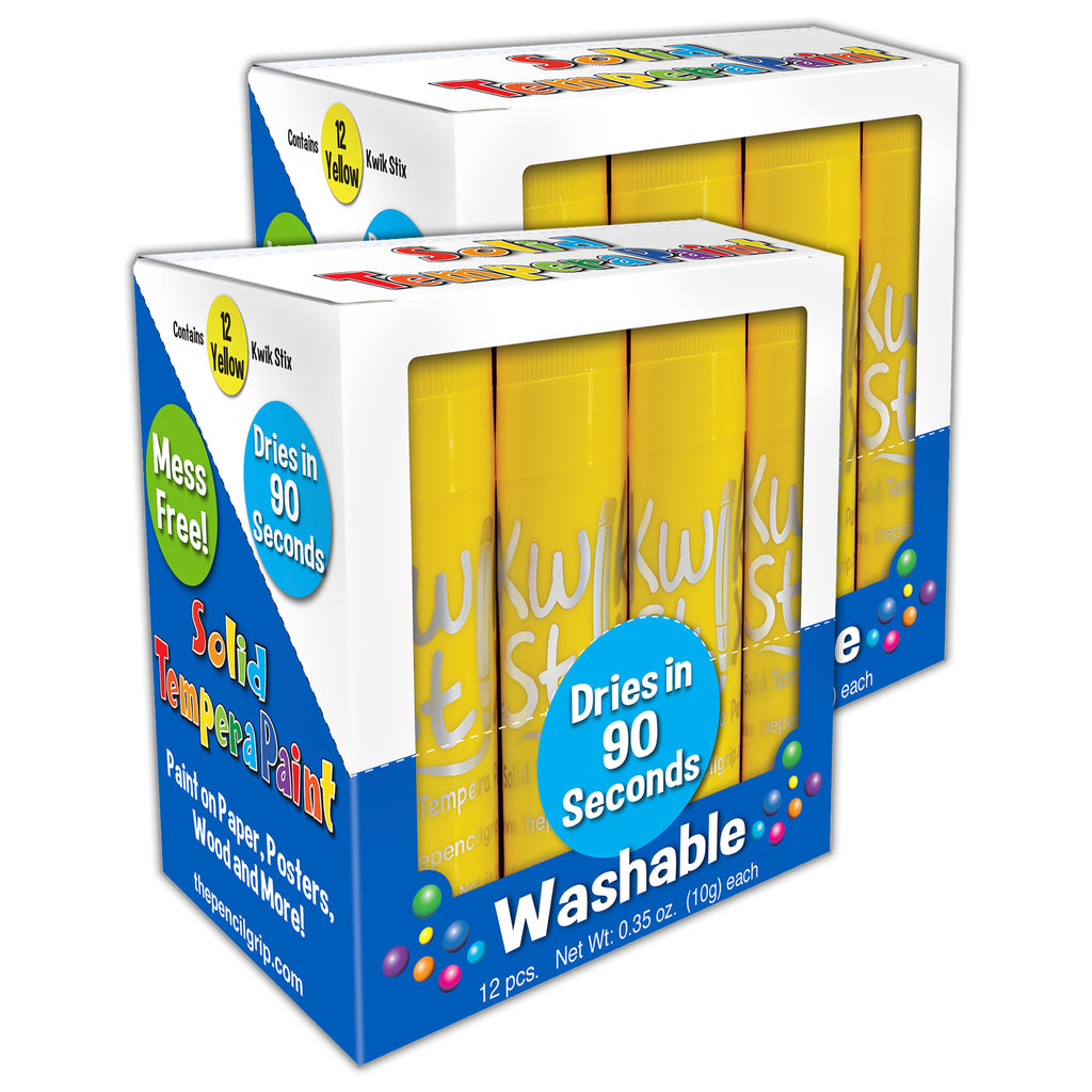Solid Tempera Paint Sticks, Single Color Pack, Yellow, 12 Per Pack, 2 Packs